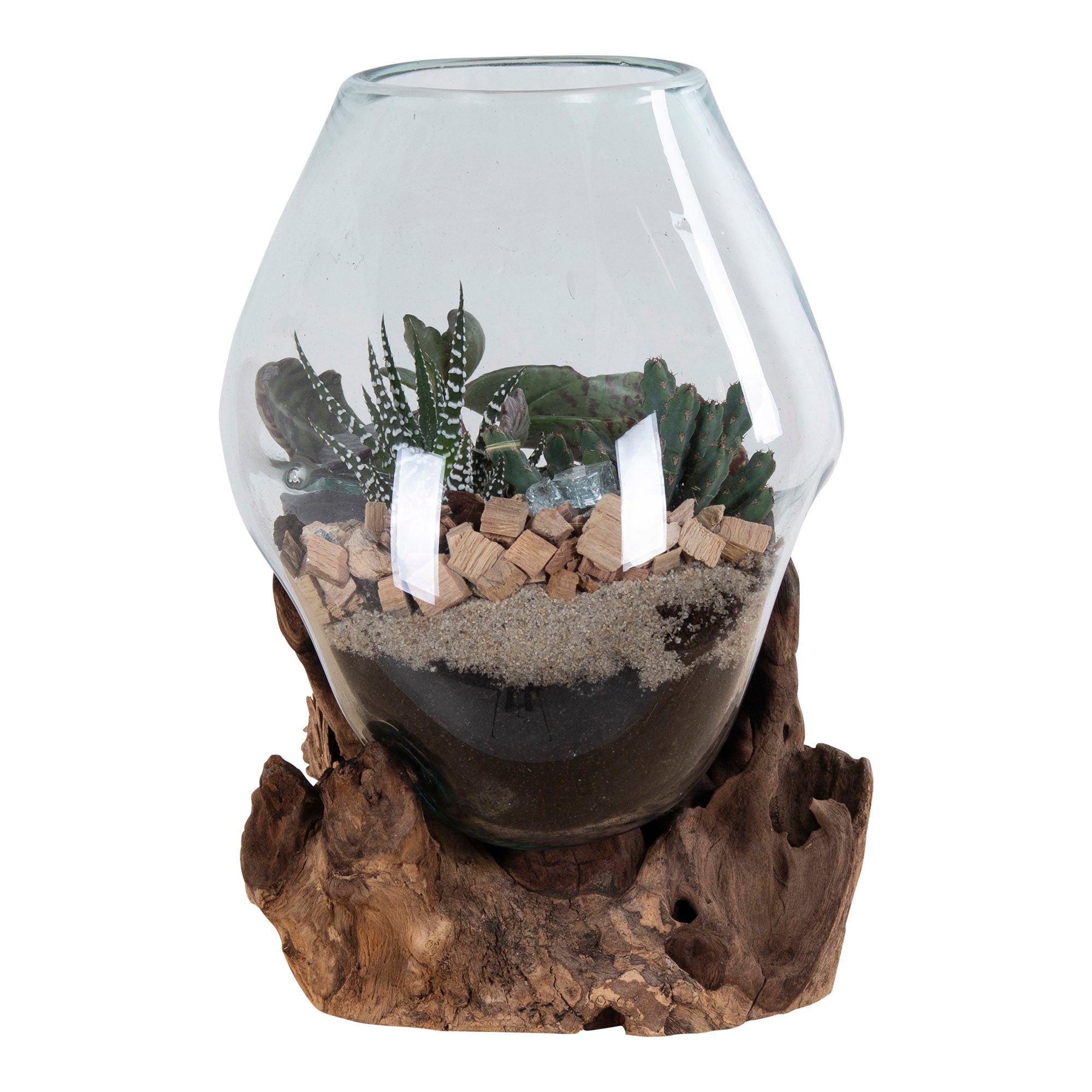 Glasobjekt auf Teakholz, natur, H20 cm